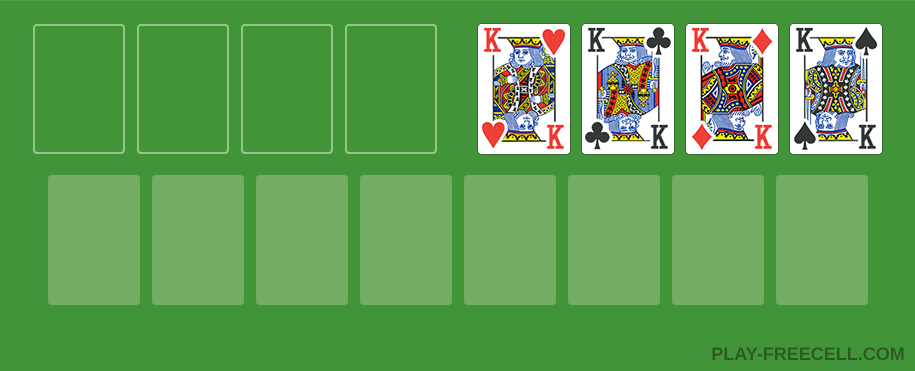 A completed Freecell game with the tableau empty and the foundation full
